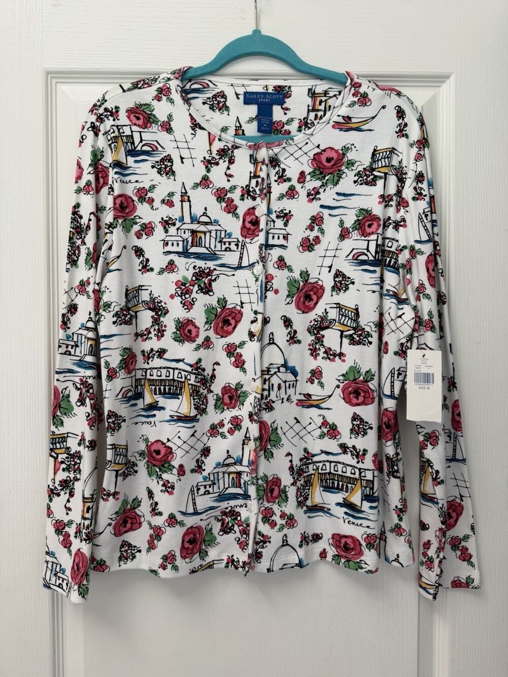 Karen Scott Sport Cardigan M NWT 100% Cotton Venice Italy Floral Gondola Print